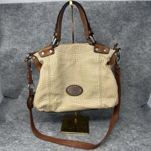 Fossil‎ Maddox Satchel Shoulder Bag Handbag Ivory Brown Leather Croc Embossed